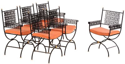 SIX PAINTED IRON AND BRASS ARM CHAIRS WITH BRASS BALL FINIALS AND GREEK KEY DESIGN. Six painted 