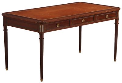 59" FRENCH MAHOGANY BRONZE MOUNTED WRITING DESK IN THE LOUIS XVI STYLE HAVING AN EMBOSSED LEATHER. 