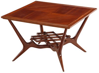 MAHOGANY COFFEE TABLE WITH INTRICATE STRETCHER C 1950. Mahogany coffee table with intricate 