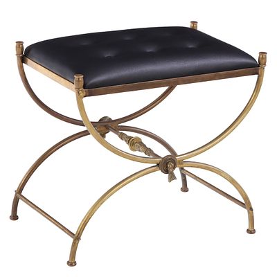 BRASS CURULE FORM BENCH C 1960 UPHOLSTERED IN BLACK LEATHER. Brass curule form bench C 1960 