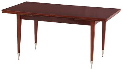 FRENCH MAHOGANY DINING TABLE HAVING ELEGANT LEGS AND TWO ORIGINAL LEAVES C 1950 IN THE MANNER OF. 