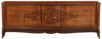 FRENCH ROSEWOOD AND INLAID SIDEBOARD IN THE MANNER OF JULES LELEU C 1950 HAVING SHAPED DOOR PANELS. 