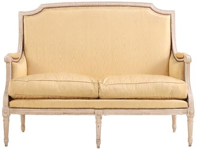 FRENCH LOUIS XVI STYLE PAINTED AND UPHOLSTERED FIVE LEG SETTEE C 1920. French Louis XVI style 