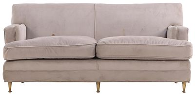 TWO SEAT SETTEE WITH BRASS FEET C. 1965. A two seat upholstered settee with brass feet circa 