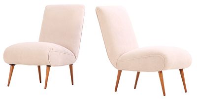 PAIR UPHOLSTERED LOUNGE CHAIRS C 1950 WITH NEW FABRIC. Pair upholstered lounge chairs C 1950 