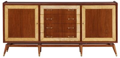 TWO DOOR MAHOGANY AND PARCHMENT SIDEBOARD WITH FOUR DRAWERS, RESTING ON 8 LEGS C 1950. Two door 