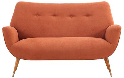 UPHOLSTERED SOFA RESTING ON WOODEN LEGS C 1950 HAVING NEW FABRIC. Upholstered sofa resting on 