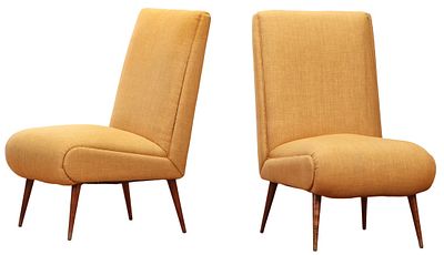 PAIR OF LARGE SCALE SLIPPER CHAIRS C 1950 WITH NEW FABRIC. Pair of large scale slipper chairs C 