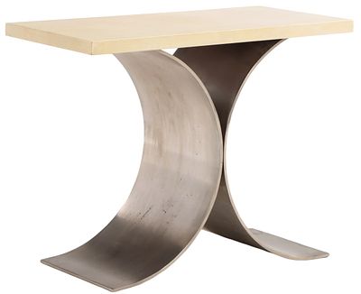 STAINLESS STEEL AND PARCHMENT COVERED CONSOLE TABLE IN THE MANNER OF MICHEL BOYER C 1975. Stainl 