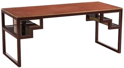 LACQUERED IRON, BRASS FRENCH LEATHER TOP DESK HAVING MIRRORED SURFACES ON EITHER END C 1970;. Lac 