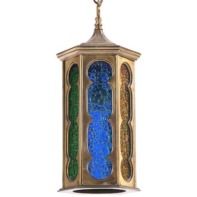 BRASS HANGING LANTERN WITH VARIOUS COLORED GLASS PANELS. Brass hanging lantern with various 