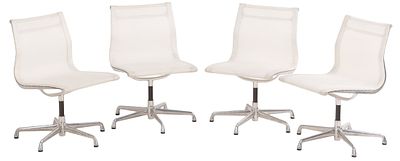 HERMAN MILLER EAMES SWIVEL CHAIRS. FOUR POLISHED ALUMINUM, ENAMELED STEEL, MESH UPHOLSTERY. DATED. 