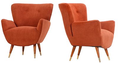 PAIR ITALIAN ARMCHAIRS IN THE MANNER OF PAOLO BUFFA C 1950 HAVING NEW FABRIC. Pair Italian 