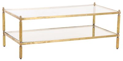 BRASS AND GLASS TWO TIER COFFEE TABLE C 1970. Brass and glass two tier coffee table C 1970. Ht: 