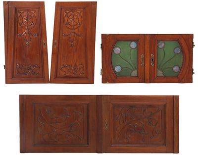 THREE PAIRS OF FRENCH ART NOUVEAU CABINET DOORS C 1910. INCLUDING ONE PAIR OF STAINED GLASS DOORS. 