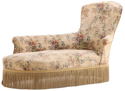 FRENCH NAPOLEON III RECAMIER C 1860 WITH FRINGE DECORATION AND TURNED FEET. French Napoleon III 