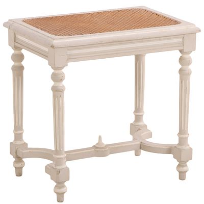 SMALL FRENCH LOUIS XVI STYLE PAINTED AND CANE BENCH C 1940. Small French Louis XVI style 