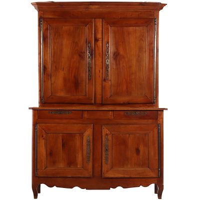 FRENCH WALNUT TWO PIECE BUFFET WITH STEEL ESCUTCHEONS C 1830. French walnut two piece buffet 