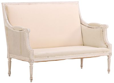 FRENCH LOUIS XVI STYLE PAINTED SETTEE WITH LOOSE CUSHION UPHOLSTERY C 1930. French Louis XVI 
