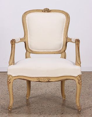 PAINTED FRENCH LOUIS XV STYLE OPEN ARMCHAIR C.1900. A painted French Louis XV style open arm 