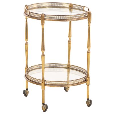 ROUND FRENCH GILT METAL AND GLASS BAR CART HAVING TWO REMOVABLE SERVING TRAYS C 1970. Round 