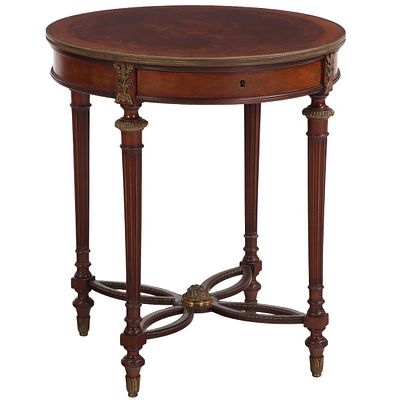 A FRENCH PARQUETRY INLAID AND BRONZE MOUNTED OCCASIONAL TABLE HAVING FLORAL INLAY AND A SINGLE. A 