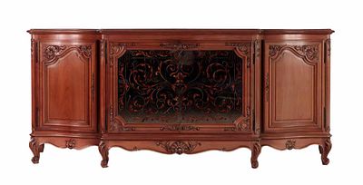 A FRENCH WALNUT SIDEBOARD WITH EGLOMISE MIRRORED DOORS AND PARQUET TOP CIRCA 1950. A French 