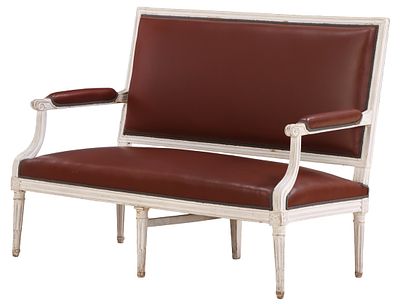 A PAINTED FRENCH LOUIS XVI STYLE OPEN ARMS SETTEE CIRCA 1900 HAVING SIX LEGS. A painted French 