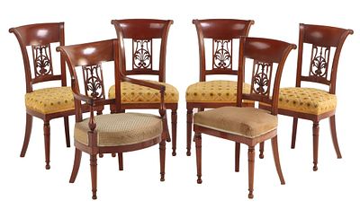 A SET OF SIX NINETEENTH CENTURY CARVED WALNUT DIRECTOIRE STLYE DINING CHAIRS. A set of six 