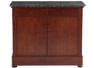 FRENCH MAHOGANY MARBLE TOP SERVER HAVING TWO DRAWERS OVER TWO DOORS C 1850. French mahogany 