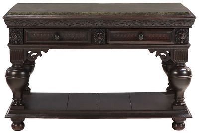 EARLY NINETEENTH CENTURY CARVED OAK MARBLE TOP SERVER HAVING TWO DRAWERS AND LION MASK. Early 