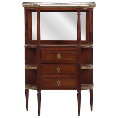 A FRENCH DIRECTOIRE STYLE MAHOGANY MARBLE TOP THREE DRAWER CABINET HAVING BRONZE DETAILS CIRCA. A 