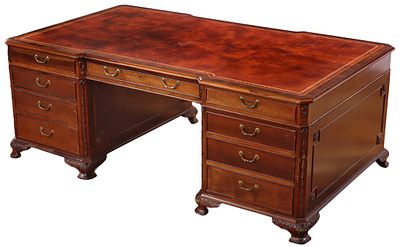 THREE PART MAHOGANY AND EMBOSSED LEATHER EXECUTIVE SIZE DESK. DRAWERS ARE LOCKED. Three part 