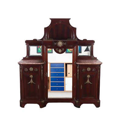RARE MAHOGANY BRONZE MOUNTED COMBINATION VITRINE/SIDEBOARD 1900. CENTRAL GLASS DOOR FLANKED. Rare 