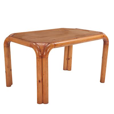 PINE CLUSTER COLUMN TABLE OR DESK C 1960 WITH EXOTIC WOOD CORNERS. Pine cluster column table or 