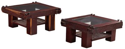 HEAVY PAIR OF BRAZILIAN END TABLES HAVING INSET GLASS TOPS AND IRON RAIL ROAD SPIKE DECORATION C. 