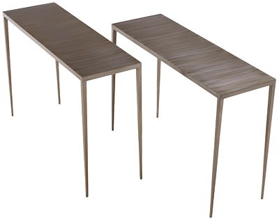 PAIR BRUSHED IRON CONSOLE TABLES IN THE MANNER OF JEAN-MICHEL FRANK. Pair brushed iron console 