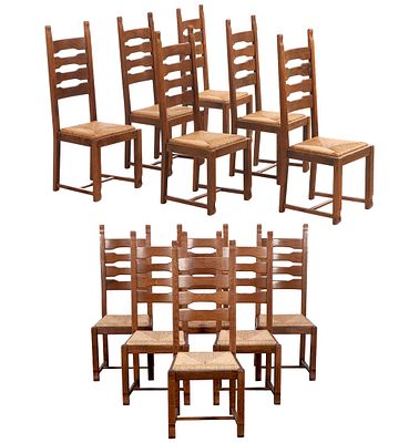 A RARE SET OF TWELVE FRENCH TALL BACK OAK AND RUSH BRUTALIST STYLE DINING CHAIRS C 1950. A rare 