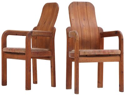 A PAIR OF FRENCH PINE BRUTALIST STYLE OPEN ARM CHAIRS C 1960. A pair of French pine Brutalist 