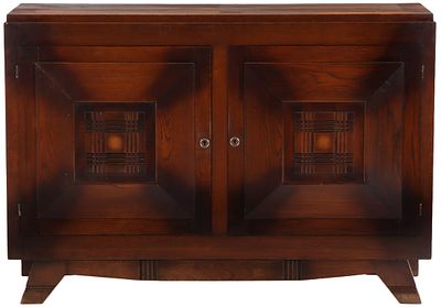 FRENCH OAK SERVER HAVING TWO DOORS WITH GEOMETRIC MOTIFS C 1940 IN THE MANNER OF CHARLES DUDOUYT. 