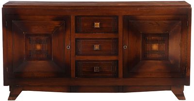 FRENCH OAK SIDEBOARD HAVING TWO DOORS AND THREE DRAWERS C 1940 IN THE MANNER OF CHARLES DUDOUYT. 