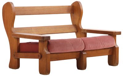 HEAVY BELGIAN OAK BRUTALIST STYLE TWO SEAT SETTEE OR LOVESEAT WITH LOOSE CUSHIONS C 1960. Heavy 