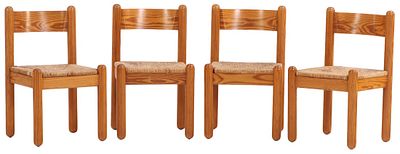 FOUR PINE RUSH SEAT SIDE CHAIRS C 1960. Four pine rush seat side chairs C 1960. Ht: 30.5" Wd: 