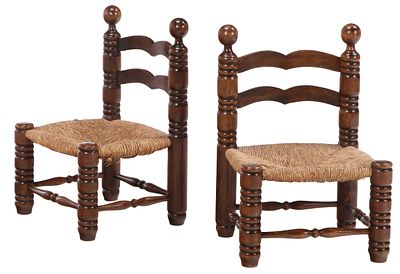 PAIR OF DIMINUTIVE FRENCH TURNED WOOD AND RUSH SIDECHAIRS WITH BALL FINIALS ATTRIBUTED TO CHARLES. 
