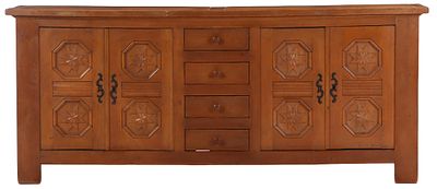 FRENCH OAK BRUTALIST STYLE SIDEBOARD HAVING FOUR DOORS FLANKING A BANK OF DRAWERS C 1940. French 