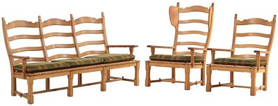 THREE PIECE FRENCH OAK SEATING SET C 1960 HAVING LOOSE CUSHION UPHOLSTERY. Three piece French 