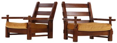 FRENCH OAK BRUTALIST STYLE ARM CHAIRS WITH LOOSE CUSHION UPHOLSTERY C 1960. French oak 