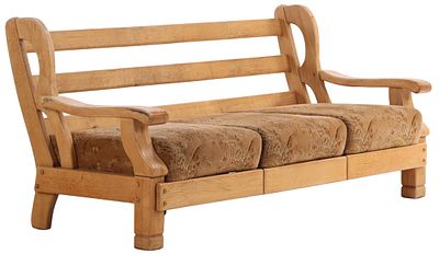 HEAVY FRENCH OAK BRUTALIST STYLE SOFA WITH LOOSE CUSHION UPHOLSTERY C 1960. Heavy French oak 