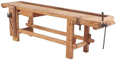 A WOOD AND IRON WORK BENCH C 1910 HAVING TWO WORKING PRESSES. DISMANTLES FOR TRANSPORT. A wood 