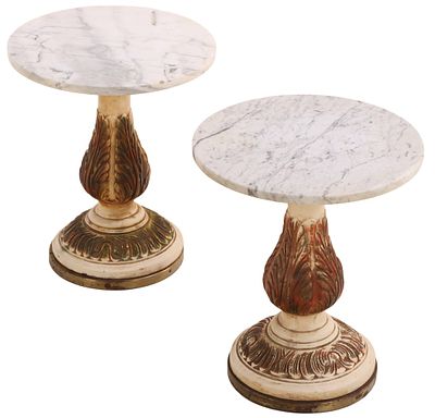 PAIR OF PAINTED AND CARVED MARBLE TOP END TABLES C1950. Pair of painted and carved marble top 